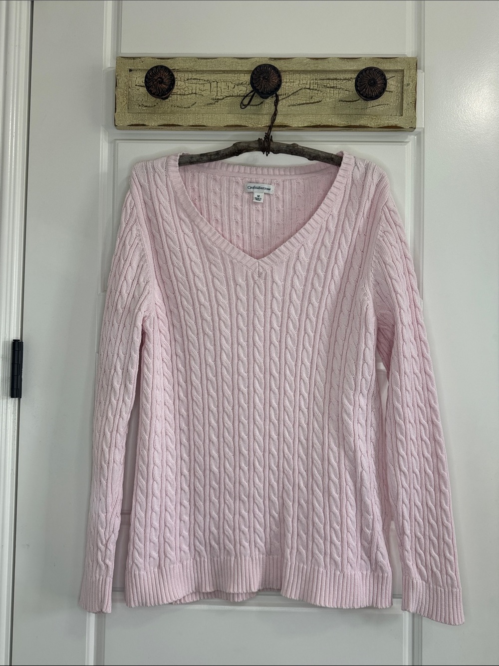 💕 CROFT & BARROW 100% Cotton Light Pink Cable V-Neck Sweater ✨
